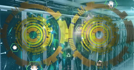 Image of data processing and scopes over computer servers