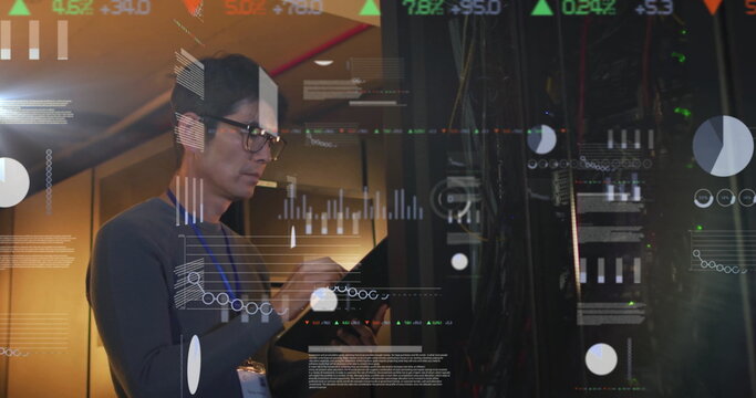 Image of data processing over asian male it engineer by computer servers