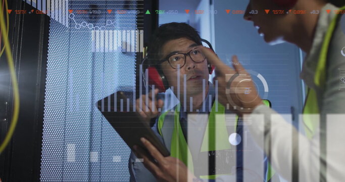 Image of data processing over diverse it engineers by computer servers