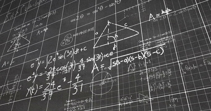 Image of layers of mathematical formulae and equations on grids over grey chalkboard