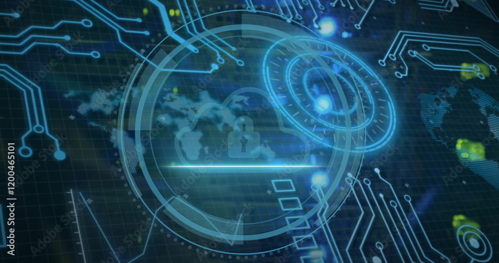Poster image of computer circuit board and scope scanning over cyber security with padlock icon