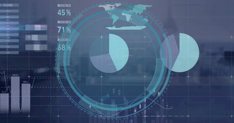 Image of financial data processing and scope scanning over cityscape
