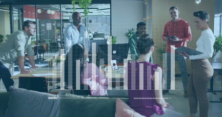 Image of financial data processing over diverse business people in office