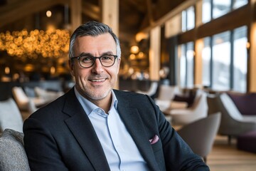 Fototapeta premium Confident Mature Man in Stylish Suit Smiles in Modern Lobby