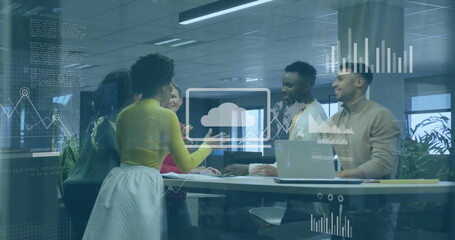 Image of financial data processing over diverse business people in office