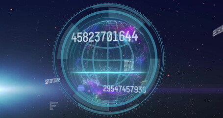 Image of data processing and scope scanning over cyber security text with globe