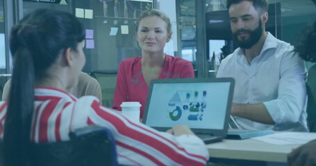 Image of financial data processing over diverse business people in office