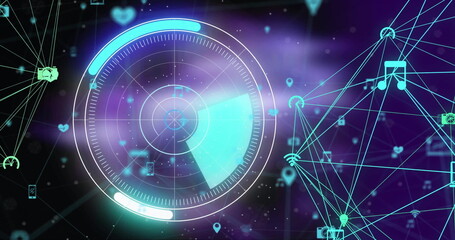 Image of network of connections with icons over scope scanning on black background