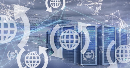 Image of globe icons and data processing over computer servers