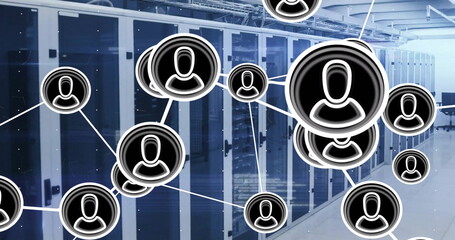 Image of network of connections with icons and data processing over computer servers