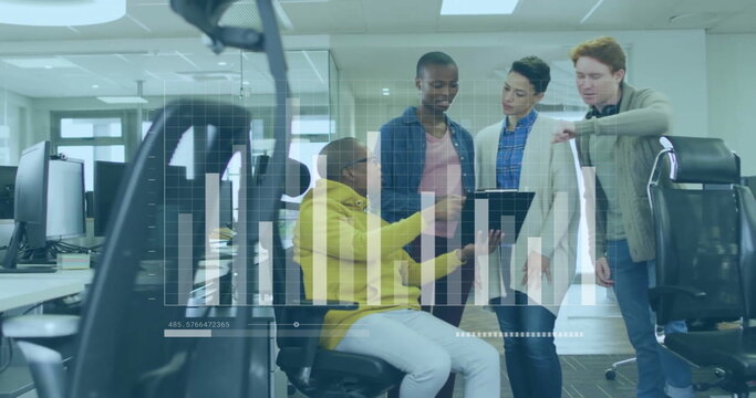 Image of financial data processing over diverse business people in office