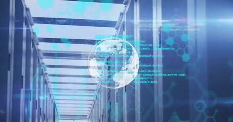 Image of globe with data processing over computer servers