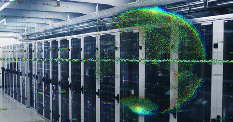 Image of glowing pixel globe and data processing over server room