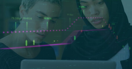 Image of financial data processing over diverse business people in office