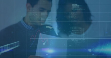 Image of financial data processing over diverse business people in office