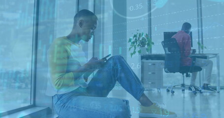 Image of financial data processing over biracial businesswoman using smartphone in office