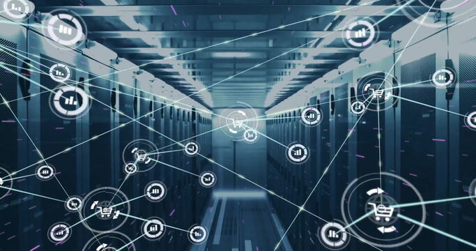 Image of network of shopping cart and data processing icons over server room