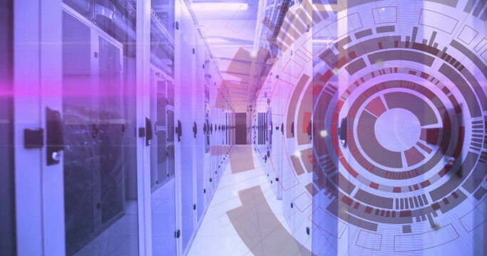 Image of layers of blue and pink light and circular scanner processing data over server room - Powered by Adobe