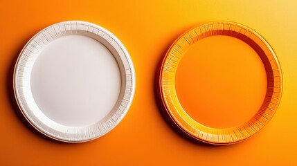 Two Colorful Paper Plates on Vibrant Orange Background Minimalist Design