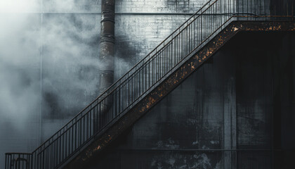Obraz premium A Desaturated fire escape muted metal urban decay subtle light create somber scene of an old building structure
