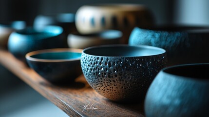 Close-Up of Ceramic Bowls on Wooden Shelf
