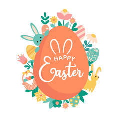 Happy Easter illustration. Colorful ester elements around easter egg. 