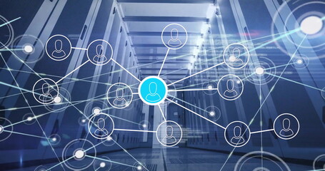 Image of connections with people icons and digital data processing over computer servers