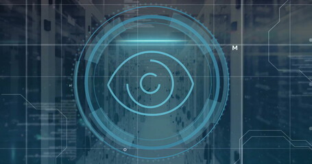 Image of eye icon with digital data processing over computer servers