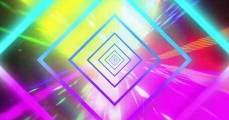 Image of concentric blue and purple neon diamonds over brightly coloured lights