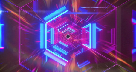 Image of pink and blue tunnel structure with colourful light trails on black background