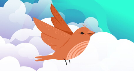 Image of red bird over clouds and blue shapes