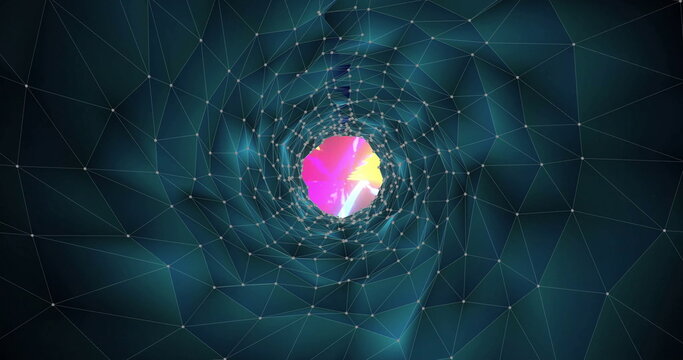 Image of dark tunnel with network of connections to moving coloured lights