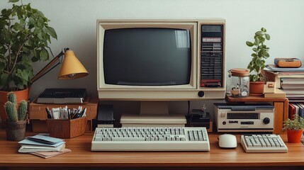 Fototapeta premium Retro computer workspace, plants, books. Home office, vintage tech