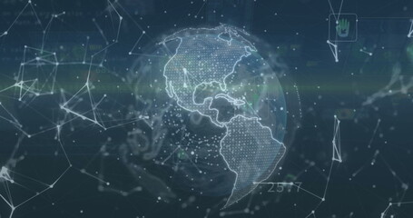 Image of network of connections over globe and ecology icons