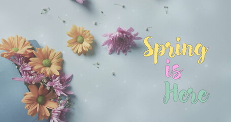 Fototapeta premium Image of spring is here text and stars over bunch of flowers