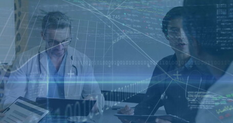 Image of data processing and diagrams over diverse male doctors talking