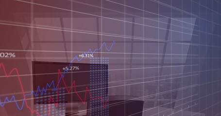 Image of financial data processing over empty office