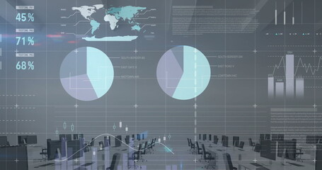 Image of financial data processing over empty office