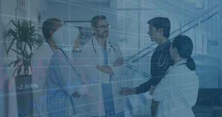 Image of data processing and diagrams over diverse doctors talking