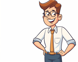 Obraz premium Cartoon Illustration of a Happy Professional Young Man with Glasses and Tie, Perfect for Business and Education Themes