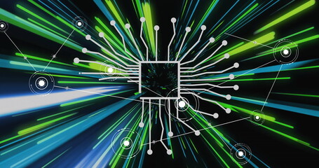 Image of network of connections with icons over colourful lines and ai text