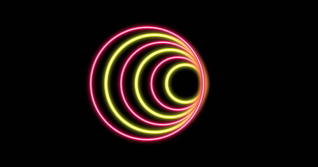 Image of glowing neon circles of light moving on black background