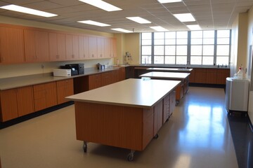 Modern and Spacious Kitchen Lab with Sleek Design, Ample Counter Space, and Natural Light Perfect for Culinary Arts or Cooking Classes