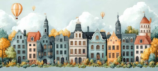 Charming European Architecture with Hot Air Balloons in a Whimsical Dreamy Scene