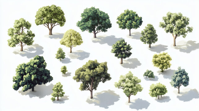 Set of isometric trees in various styles and perspectives