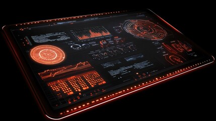 A futuristic touch interface with glowing data and analytics in a dark room.