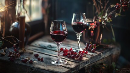 Wine Glasses with Berries on Rustic Table