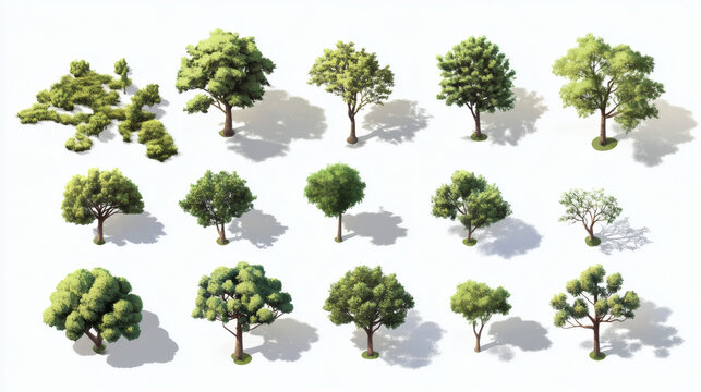Set of isometric trees in various styles and perspectives