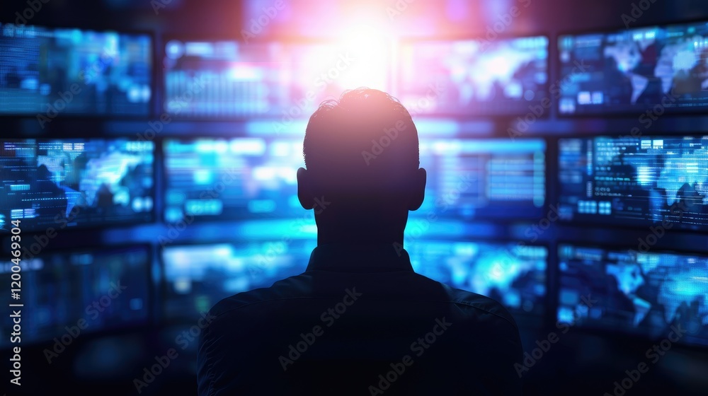 Poster man observing global data on multiple screens.