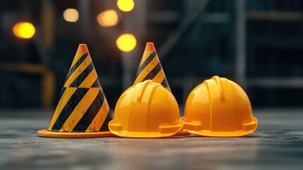 Safety Helmets and Traffic Cones at Construction Site.